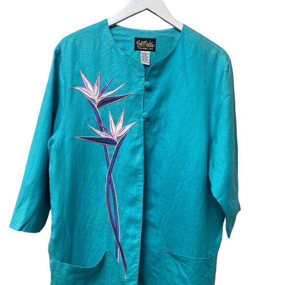 BOB MACKIE Jacket Size Large Turquoise Blue Embroidered Linen Blend Womens - Picture 3 of 12